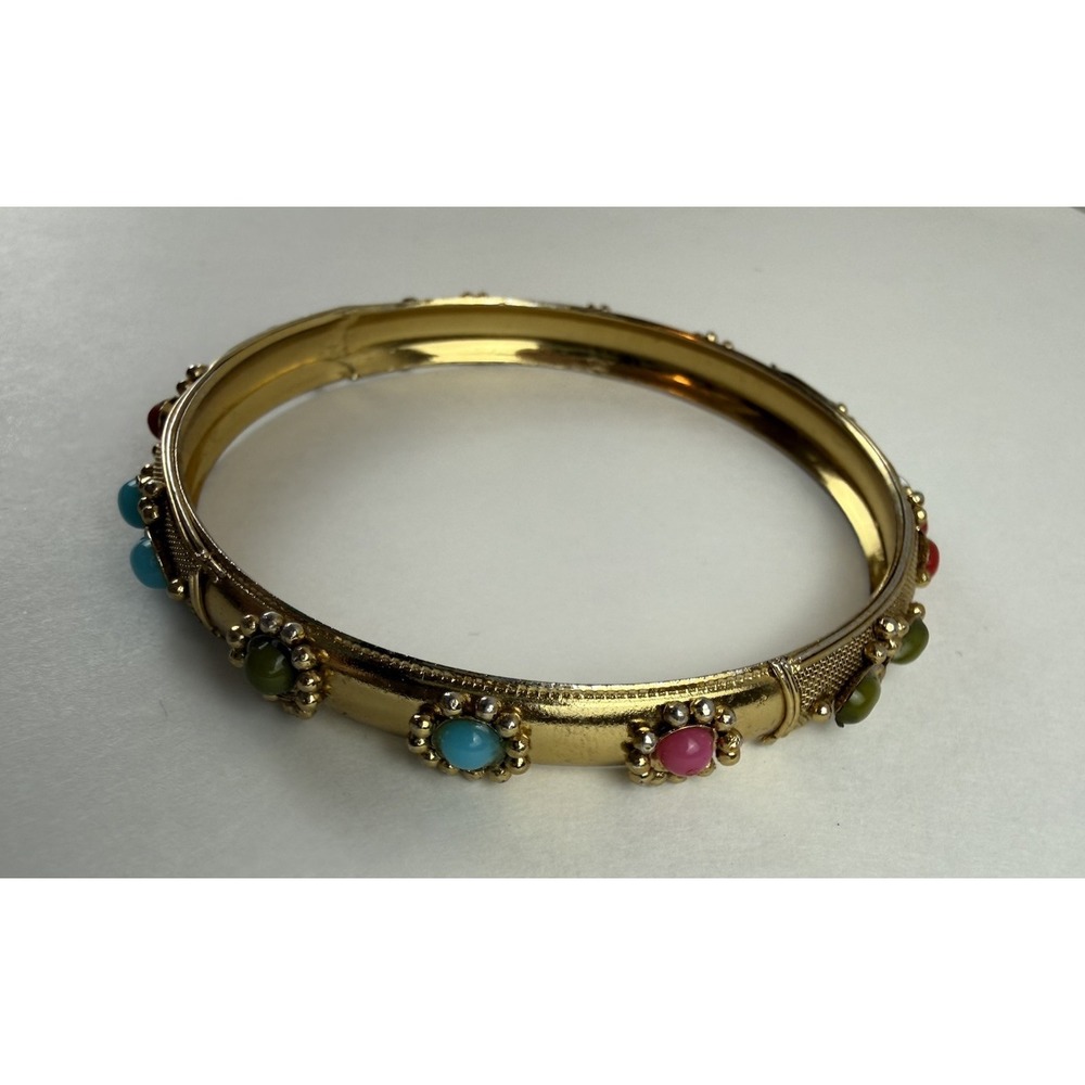 Vintage Gold Tone Multicolor Cabochon Stone Hinged Bangle Bracelet Statement
